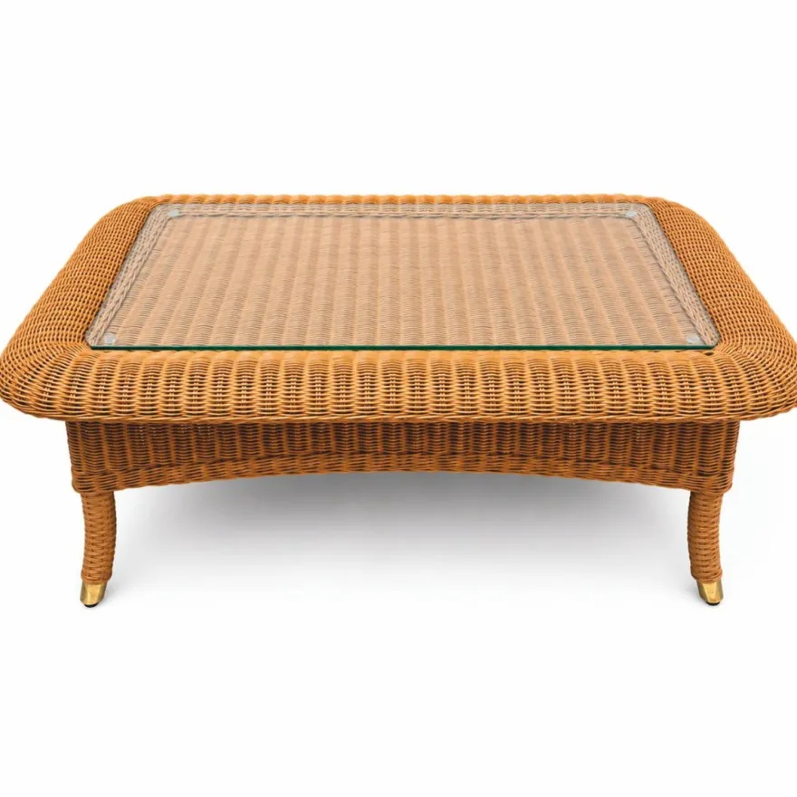 Casa Padrino Luxus Rattan Couchtisch mit Glasplatte Honigfarben 98 cm - Hotel Möbel - Rattan Möbel - Luxus Möbel