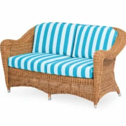 Casa Padrino Luxus Rattan 2er Sofa Honigfarben / Weiß / Blau 140 cm - Rattan Möbel