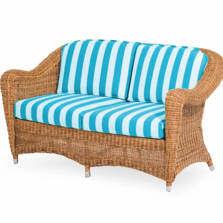 Casa Padrino Luxus Rattan 2er Sofa Honigfarben / Weiß / Blau 140 cm - Rattan Möbel