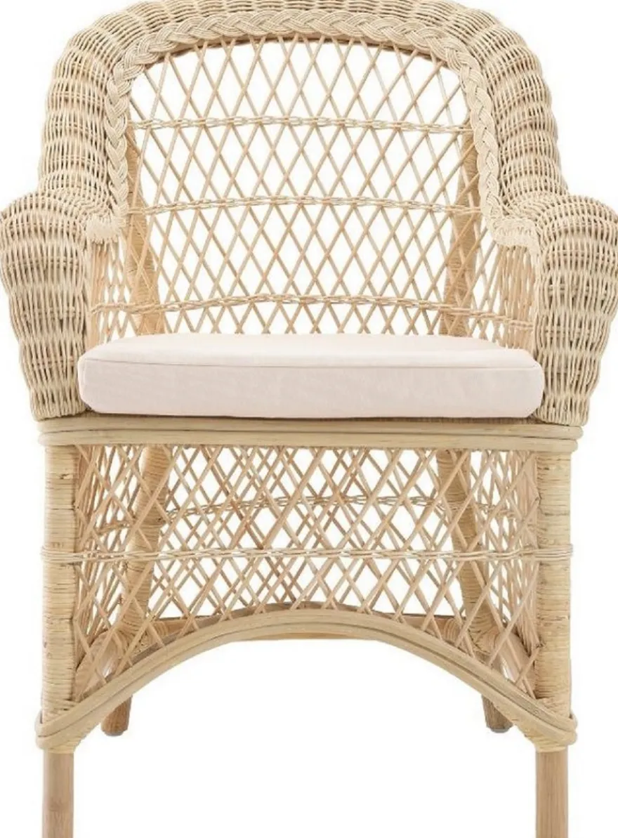 Casa Padrino Luxus Rattan Esszimmerstuhl mit Armlehnen und Kissen Naturfarben / Cremefarben 63 x 68 x H. 88 cm - Esszimmermöbel