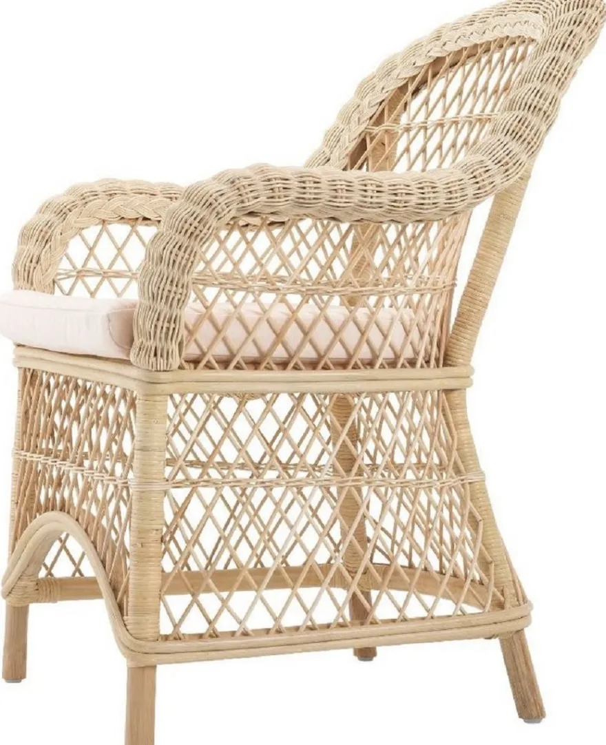 Casa Padrino Luxus Rattan Esszimmerstuhl mit Armlehnen und Kissen Naturfarben / Cremefarben 63 x 68 x H. 88 cm - Esszimmermöbel