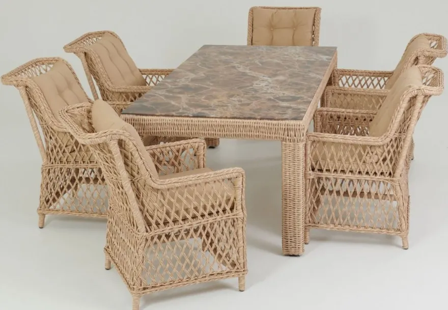Casa Padrino Luxus Rattan Gartenmöbel Set Naturfarben / Beige / Braun - 1 Rattan Garten Esstisch mit Glasplatte in Marmoroptik & 6 Rattan Gartenstühle mit Armlehnen - Garten & Terrassen Möbel