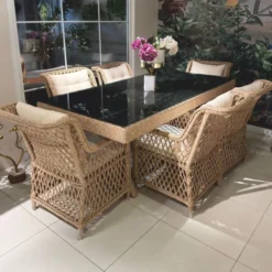 Casa Padrino Luxus Rattan Garten Esstisch mit Glasplatte Naturfarben / Grau 200 cm