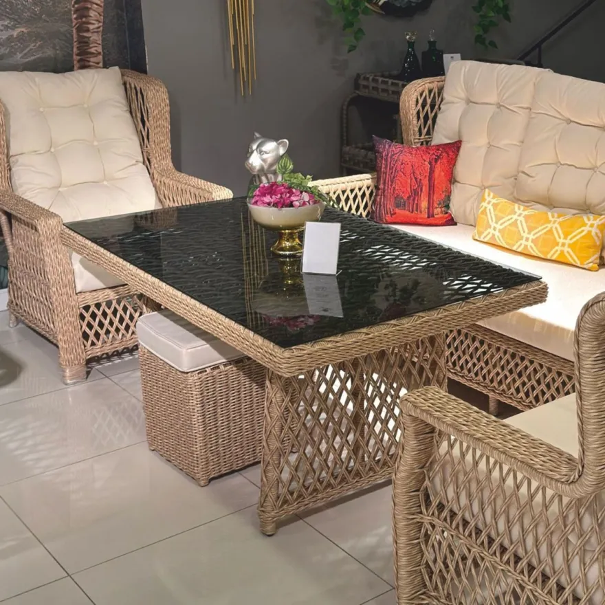 Casa Padrino Luxus Rattan Garten Esstisch mit Glasplatte Naturfarben / Grau 200 cm