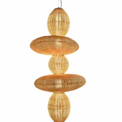 Casa Padrino Luxus Rattan LED Hängeleuchte Naturfarben H. 147 cm - Luxus Pendelleuchten