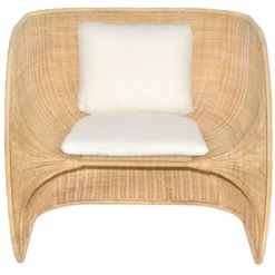 Casa Padrino Luxus Rattan Lounge Sessel mit Kissen Naturfarben / Weiß - Rattan Möbel