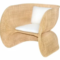 Casa Padrino Luxus Rattan Lounge Sessel mit Kissen Naturfarben / Weiß - Rattan Möbel