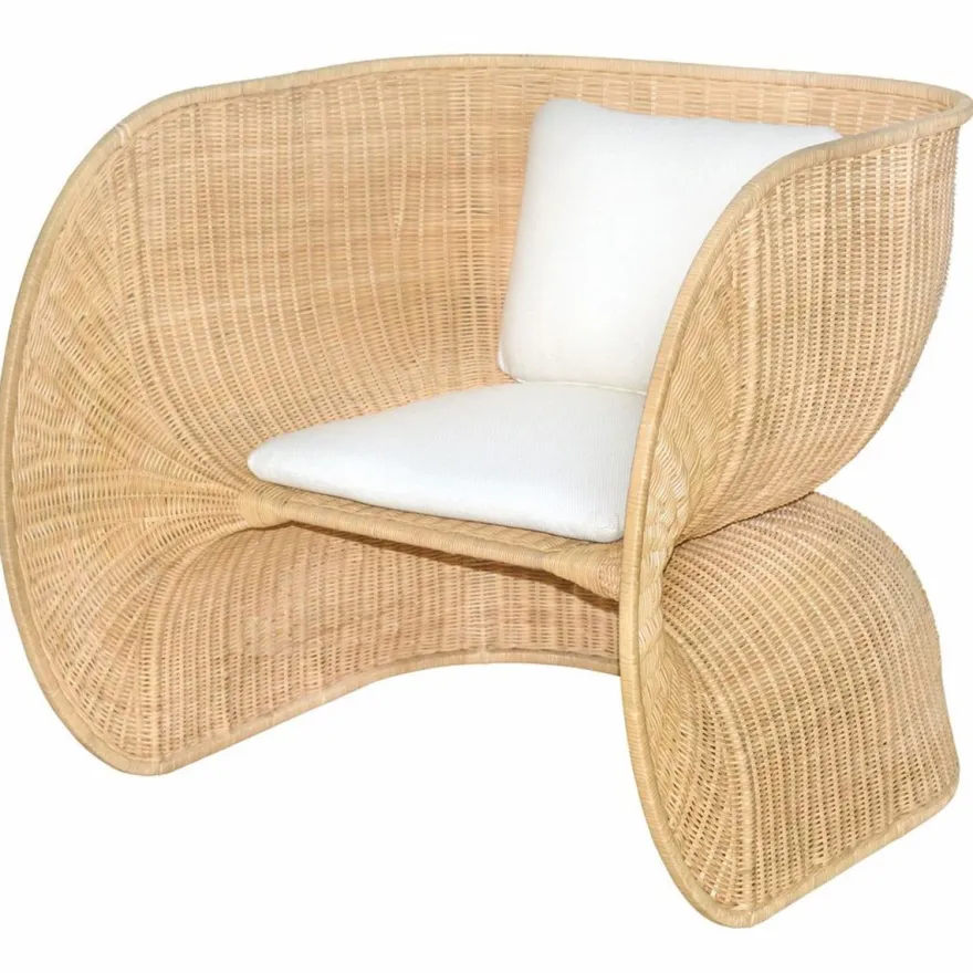 Casa Padrino Luxus Rattan Lounge Sessel mit Kissen Naturfarben / Weiß - Rattan Möbel