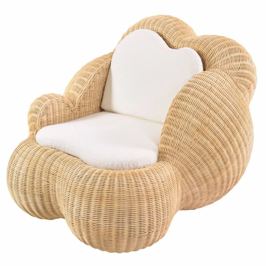 Casa Padrino Luxus Rattan Sessel mit Kissen Naturfarben / Weiß - Rattan Möbel