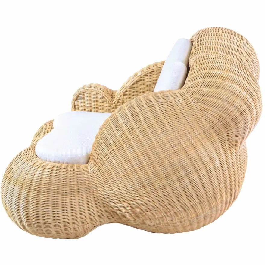 Casa Padrino Luxus Rattan Sessel mit Kissen Naturfarben / Weiß - Rattan Möbel