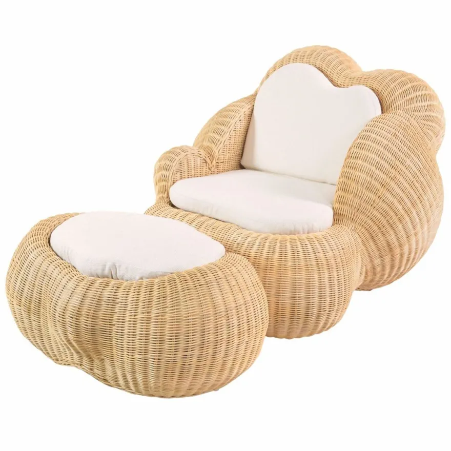 Casa Padrino Luxus Rattan Sessel mit Kissen Naturfarben / Weiß - Rattan Möbel