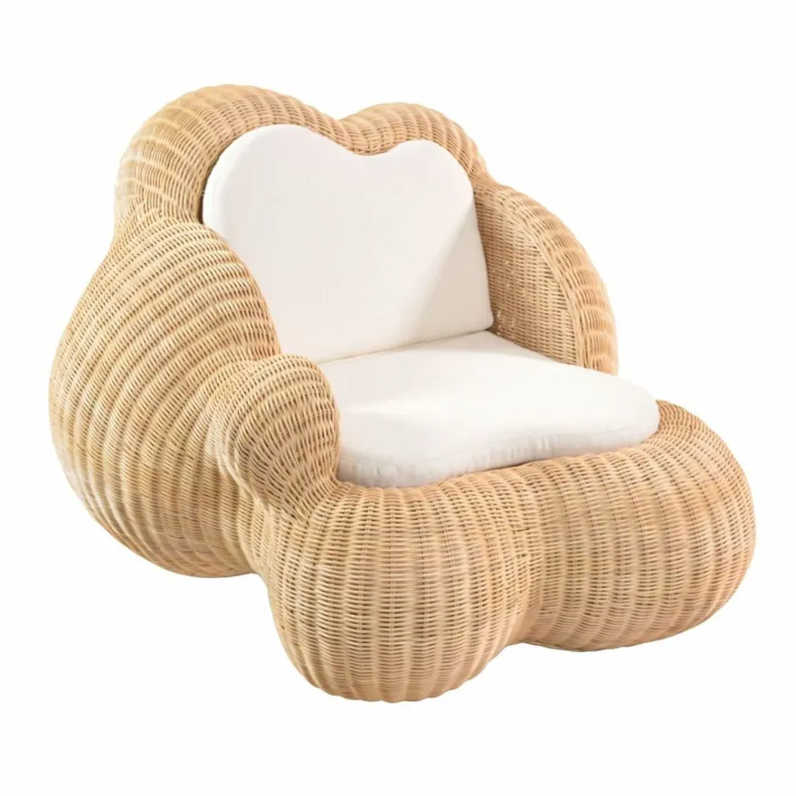Casa Padrino Luxus Rattan Sessel mit Kissen Naturfarben / Weiß - Rattan Möbel
