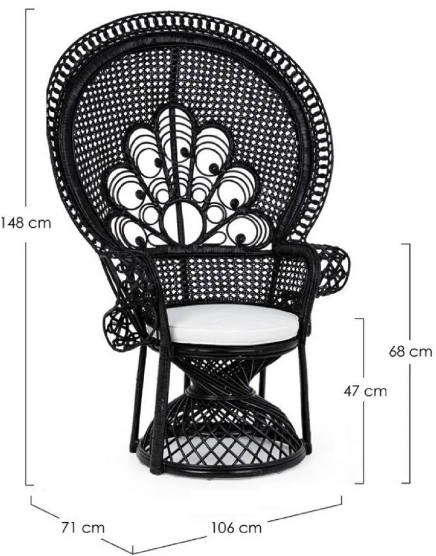 Casa Padrino Luxus Rattan Sessel Schwarz / Weiß 106 x 71 x H. 148 cm - Vintage Stil Rattan Sessel mit Sitzkissen - Vintage Stil Rattan Möbel - Garten & Terrassen Möbel
