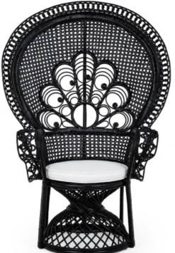 Casa Padrino Luxus Rattan Sessel Schwarz / Weiß 106 x 71 x H. 148 cm - Vintage Stil Rattan Sessel mit Sitzkissen - Vintage Stil Rattan Möbel - Garten & Terrassen Möbel