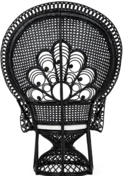 Casa Padrino Luxus Rattan Sessel Schwarz / Weiß 106 x 71 x H. 148 cm - Vintage Stil Rattan Sessel mit Sitzkissen - Vintage Stil Rattan Möbel - Garten & Terrassen Möbel