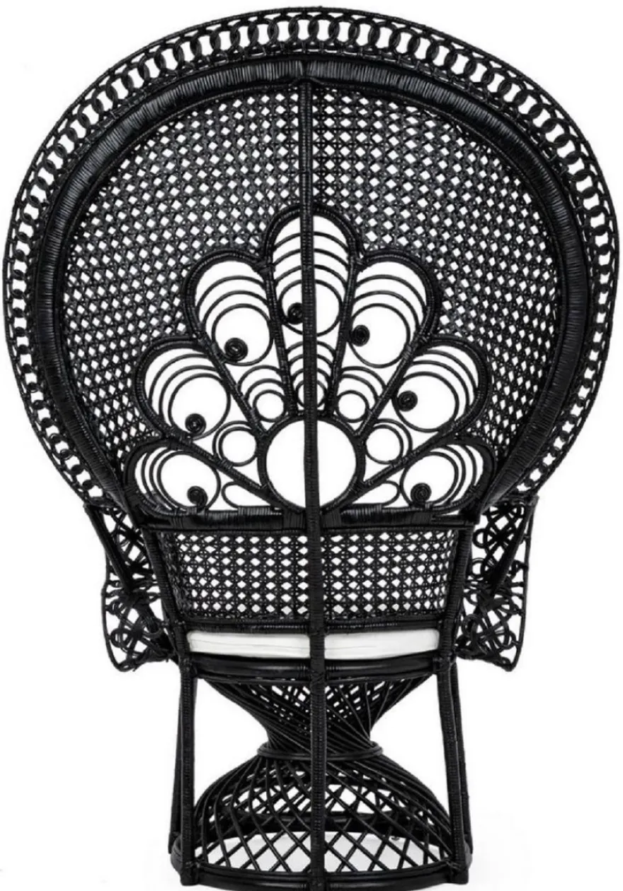 Casa Padrino Luxus Rattan Sessel Schwarz / Weiß 106 x 71 x H. 148 cm - Vintage Stil Rattan Sessel mit Sitzkissen - Vintage Stil Rattan Möbel - Garten & Terrassen Möbel