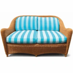 Casa Padrino Luxus Rattan Sofa Honigfarben / Weiß / Blau 140 cm - Hotel Möbel - Rattan Möbel - Luxus Möbel