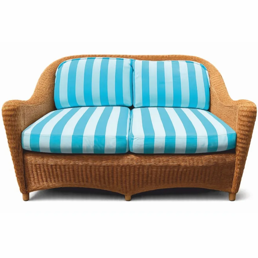 Casa Padrino Luxus Rattan Sofa Honigfarben / Weiß / Blau 140 cm - Hotel Möbel - Rattan Möbel - Luxus Möbel