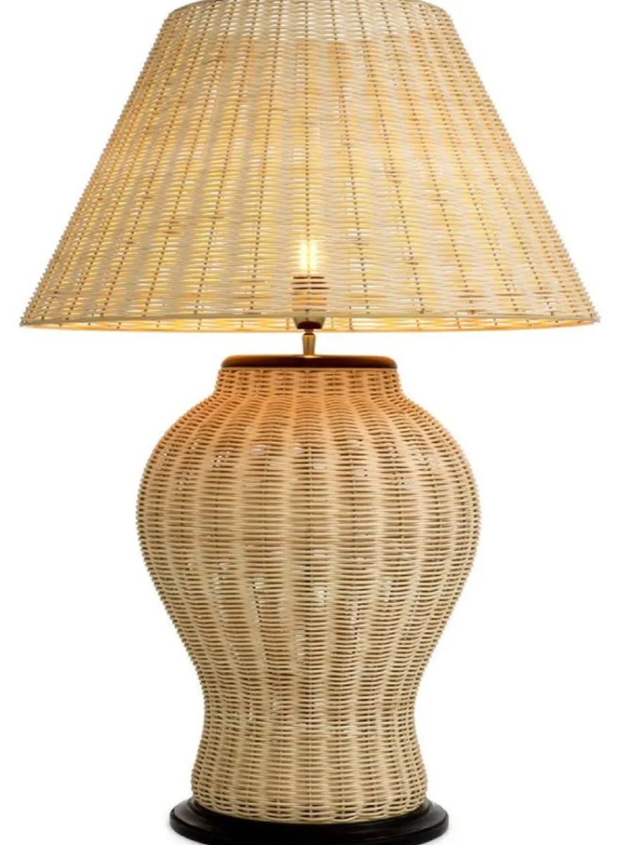 Casa Padrino Luxus Rattan Tischleuchte Naturfarben / Schwarz Ø 66,5 x H. 96,5 cm