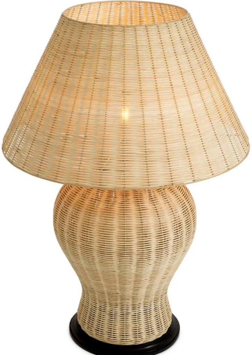 Casa Padrino Luxus Rattan Tischleuchte Naturfarben / Schwarz Ø 66,5 x H. 96,5 cm
