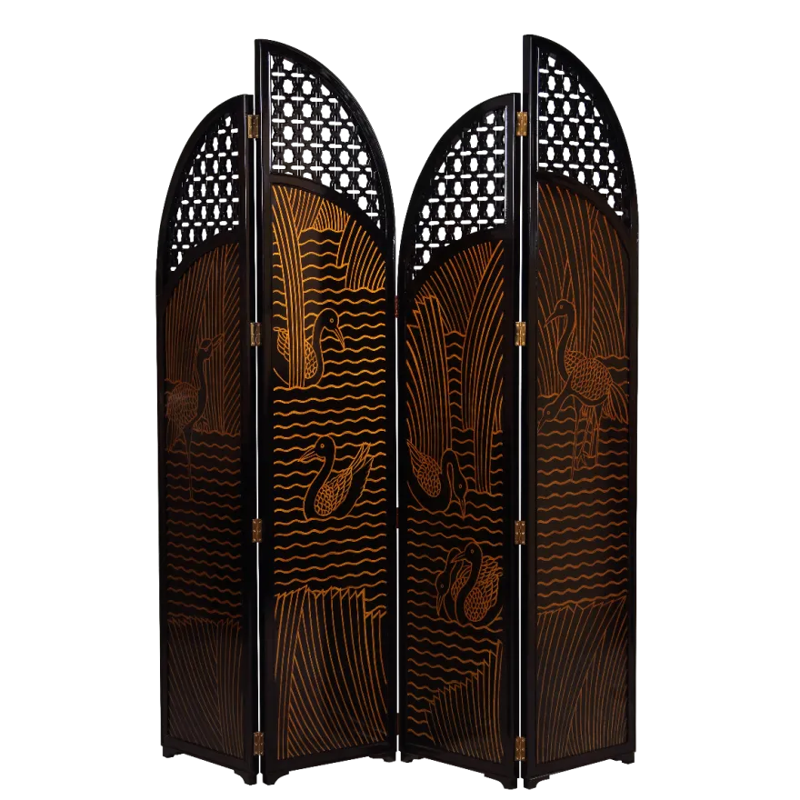Casa Padrino Luxus Raumteiler Schwarz / Gold Enten im See Motiv 184 x H 206 cm - Vintage Style Paravent