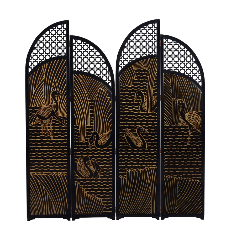 Casa Padrino Luxus Raumteiler Schwarz / Gold Enten im See Motiv 184 x H 206 cm - Vintage Style Paravent