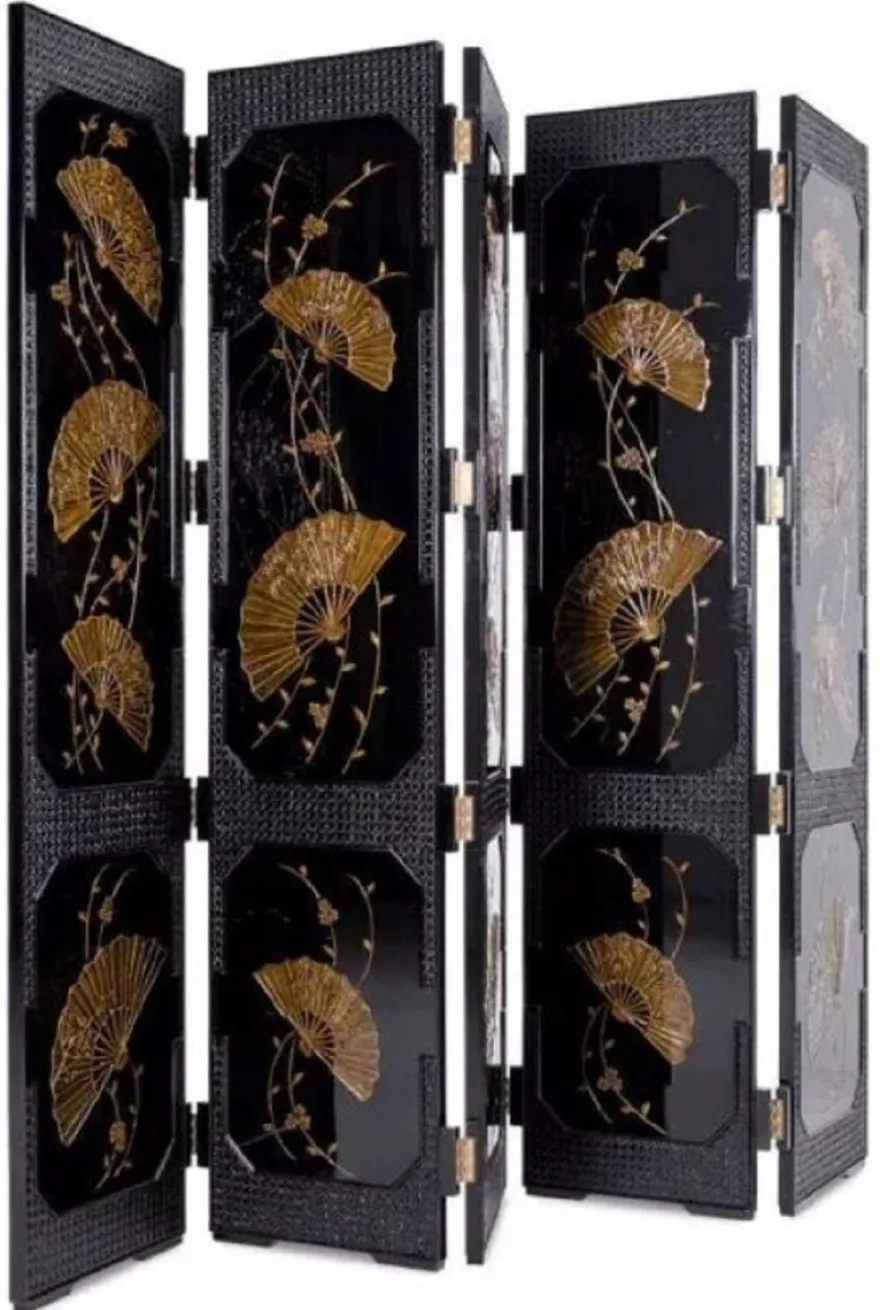 Casa Padrino Luxus Raumteiler Schwarz / Gold 220 x 3 x H. 182 cm - Faltbarer Massivholz Paravent im chinesischen Stil - Schlafzimmer Möbel - Hotel Möbel - Luxus Möbel
