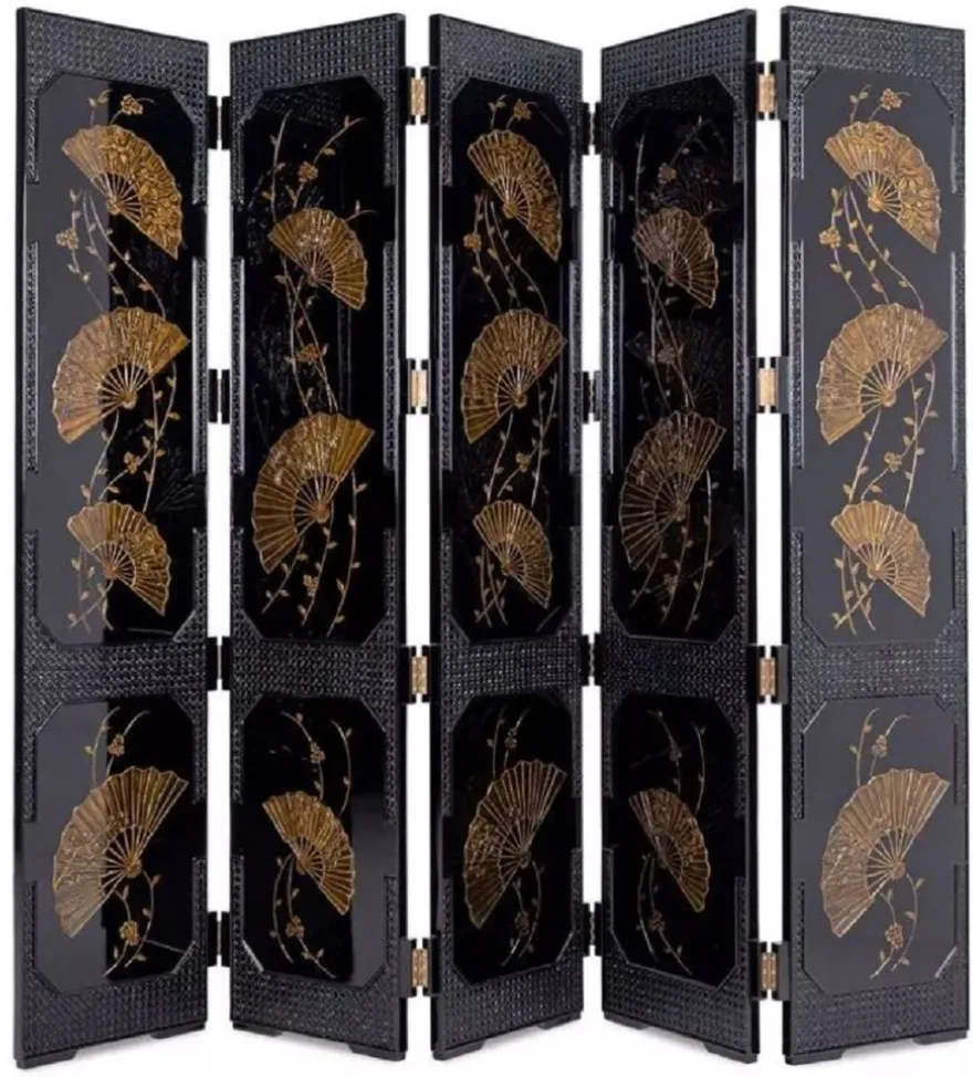 Casa Padrino Luxus Raumteiler Schwarz / Gold 220 x 3 x H. 182 cm - Faltbarer Massivholz Paravent im chinesischen Stil - Schlafzimmer Möbel - Hotel Möbel - Luxus Möbel