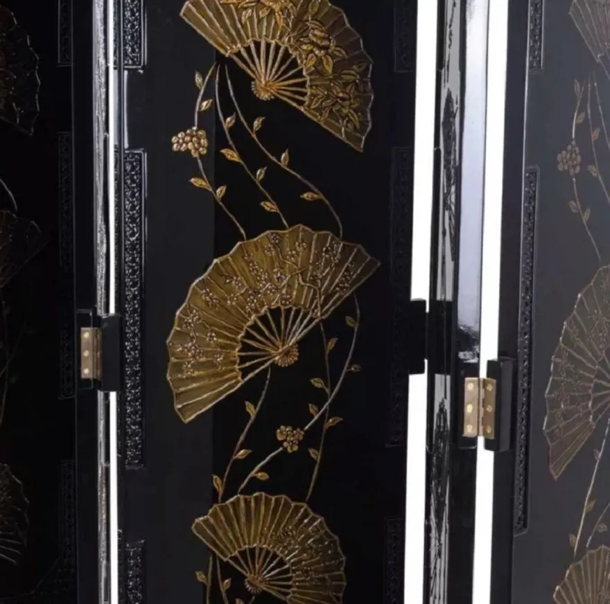 Casa Padrino Luxus Raumteiler Schwarz / Gold 220 x 3 x H. 182 cm - Faltbarer Massivholz Paravent im chinesischen Stil - Schlafzimmer Möbel - Hotel Möbel - Luxus Möbel