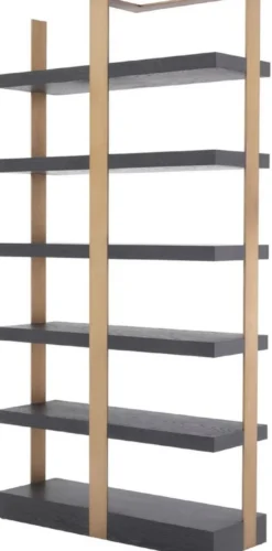 Casa Padrino Luxus Regalschrank Anthrazitgrau / Messingfarben 120,5 x 40 x H. 230 cm - Eichenfurnier Schrank mit Edelstahlrahmen - Bücherschrank - Luxus Wohnzimmer Möbel