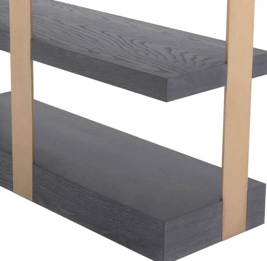Casa Padrino Luxus Regalschrank Anthrazitgrau / Messingfarben 120,5 x 40 x H. 230 cm - Eichenfurnier Schrank mit Edelstahlrahmen - Bücherschrank - Luxus Wohnzimmer Möbel