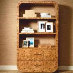 Casa Padrino Luxus Regalschrank mit 2 Schubladen Hellbraun / Antik Messing H. 210 cm