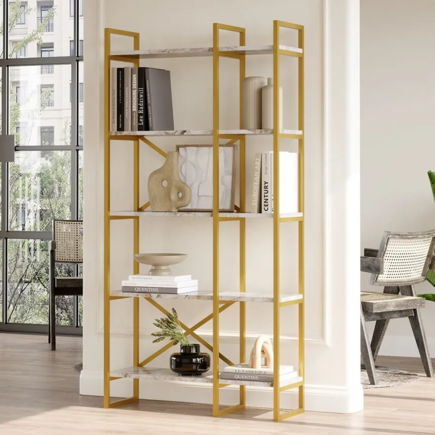 Casa Padrino Luxus Regalschrank mit Marmor Regalen Gold / Weiß 87,5 x 30 x H. 175 cm - Bücherschrank - Wohnzimmer Schrank - Büro Schrank - Wohnzimmer Möbel - Büro Möbel - Luxus Möbel