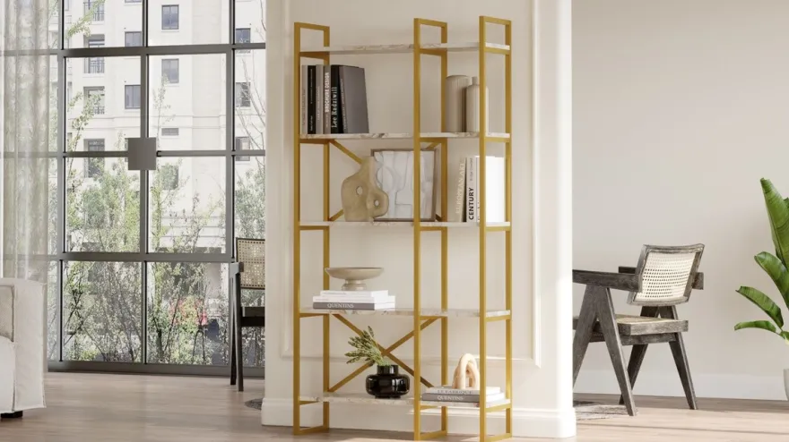Casa Padrino Luxus Regalschrank mit Marmor Regalen Gold / Weiß 87,5 x 30 x H. 175 cm - Bücherschrank - Wohnzimmer Schrank - Büro Schrank - Wohnzimmer Möbel - Büro Möbel - Luxus Möbel