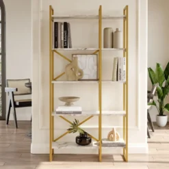 Casa Padrino Luxus Regalschrank mit Marmor Regalen Gold / Weiß 87,5 x 30 x H. 175 cm - Bücherschrank - Wohnzimmer Schrank - Büro Schrank - Wohnzimmer Möbel - Büro Möbel - Luxus Möbel
