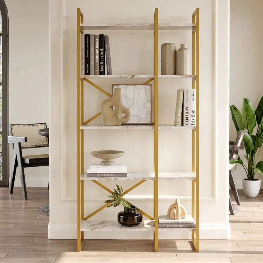 Casa Padrino Luxus Regalschrank mit Marmor Regalen Gold / Weiß 87,5 x 30 x H. 175 cm - Bücherschrank - Wohnzimmer Schrank - Büro Schrank - Wohnzimmer Möbel - Büro Möbel - Luxus Möbel