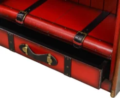 Casa Padrino Luxus Regalschrank in Koffer Optik Rot / Schwarz / Braun / Messing 84 x 35 x H. 187,5 cm - Massivholz Schrank mit Echtleder - Büro Schrank - Büro Möbel - Luxus Möbel in Koffer Optik