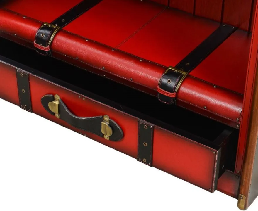 Casa Padrino Luxus Regalschrank in Koffer Optik Rot / Schwarz / Braun / Messing 84 x 35 x H. 187,5 cm - Massivholz Schrank mit Echtleder - Büro Schrank - Büro Möbel - Luxus Möbel in Koffer Optik