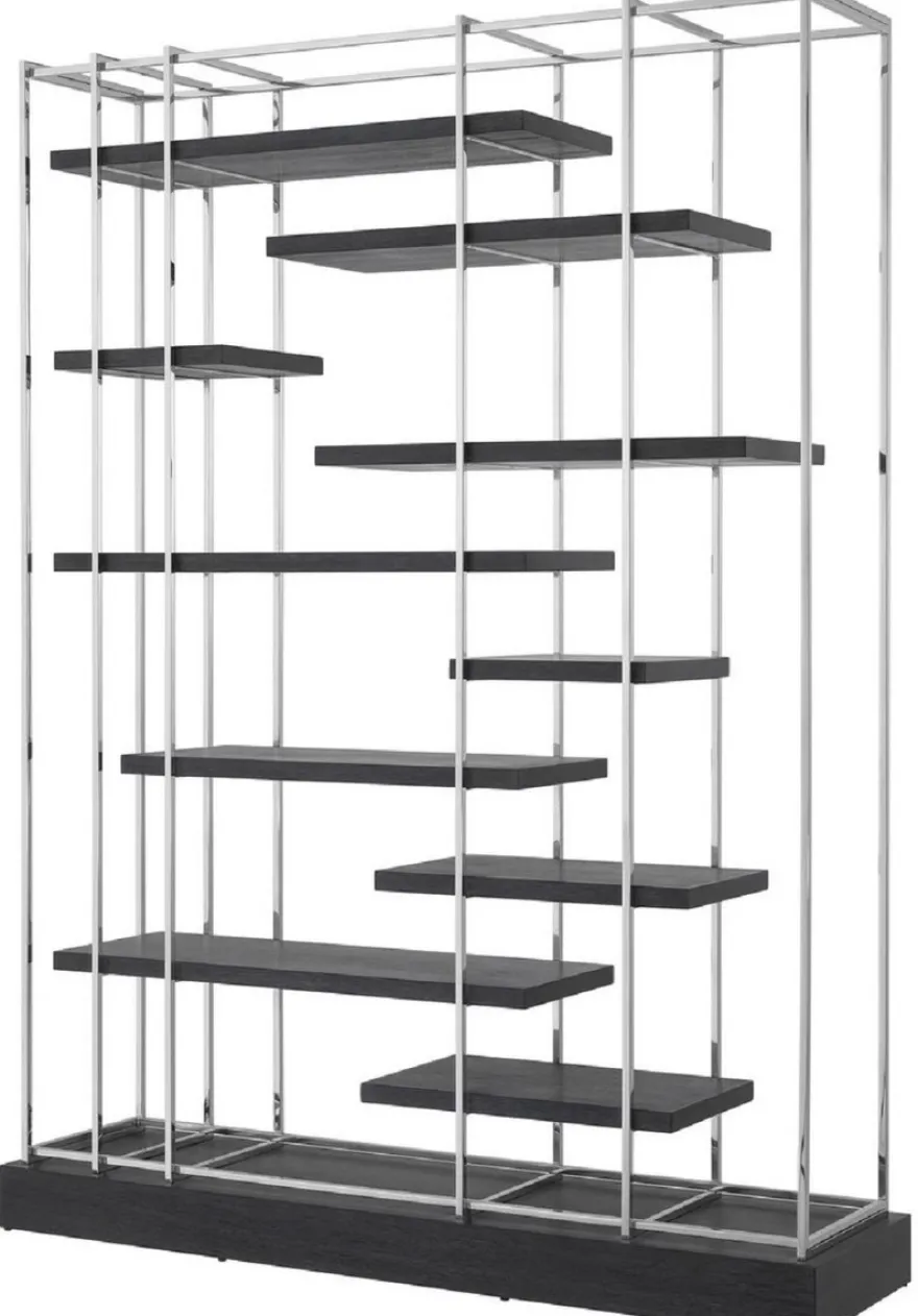 Casa Padrino Luxus Regalschrank Schwarz / Silber 166 x 45 x H. 222 cm - Wohnzimmerschrank - Luxus Möbel