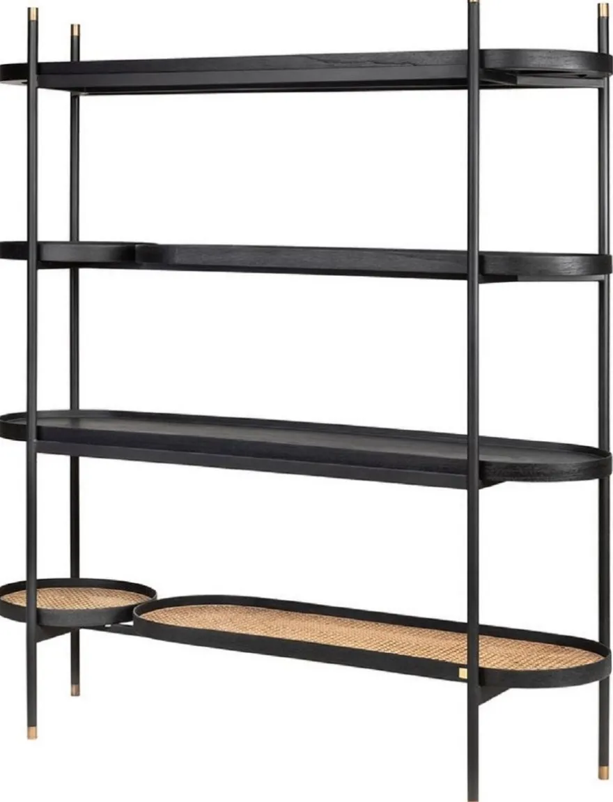 Casa Padrino Luxus Regalschrank Schwarz / Naturfarben / Messingfarben 154 x 42,3 x H. 170 cm - Wohnzimmer & Hotel Möbel - Luxus Qualität