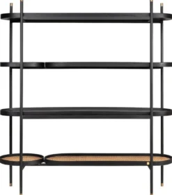 Casa Padrino Luxus Regalschrank Schwarz / Naturfarben / Messingfarben 154 x 42,3 x H. 170 cm - Wohnzimmer & Hotel Möbel - Luxus Qualität