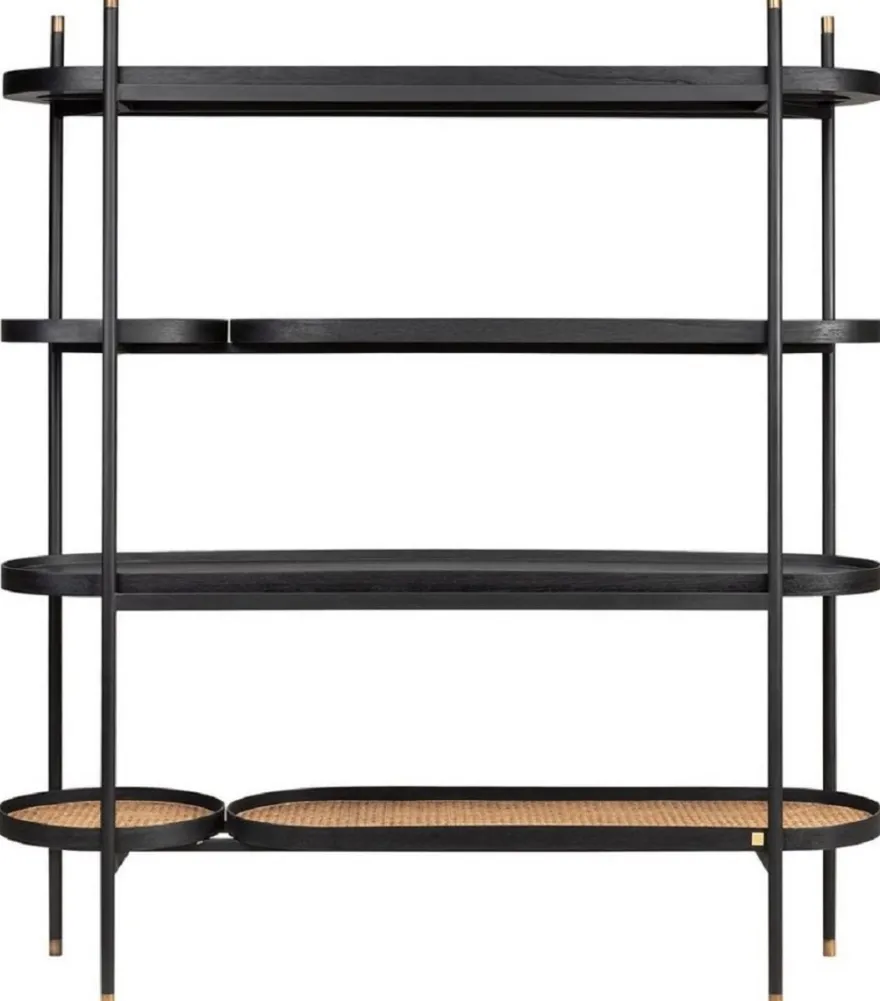 Casa Padrino Luxus Regalschrank Schwarz / Naturfarben / Messingfarben 154 x 42,3 x H. 170 cm - Wohnzimmer & Hotel Möbel - Luxus Qualität