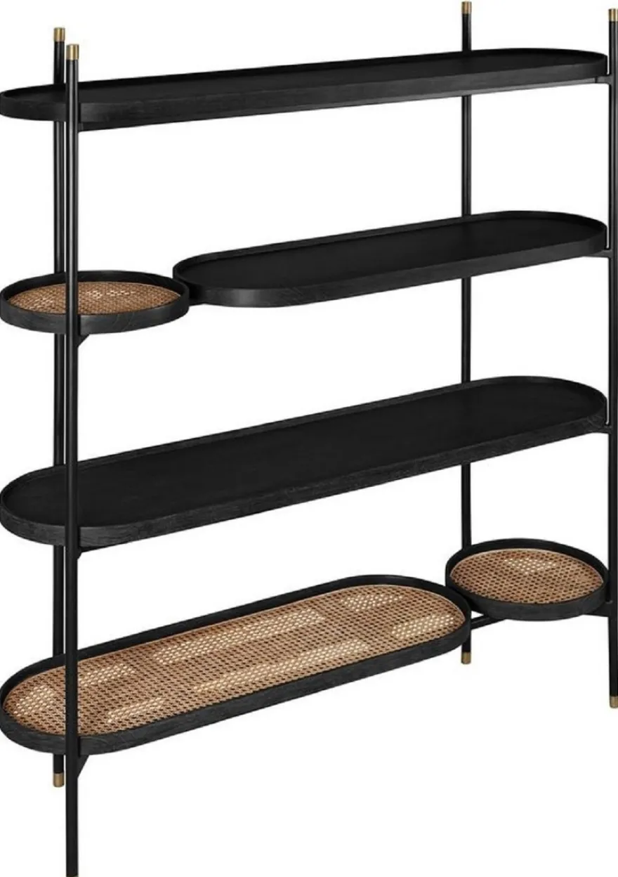 Casa Padrino Luxus Regalschrank Schwarz / Naturfarben / Messingfarben 154 x 42,3 x H. 170 cm - Wohnzimmer & Hotel Möbel - Luxus Qualität