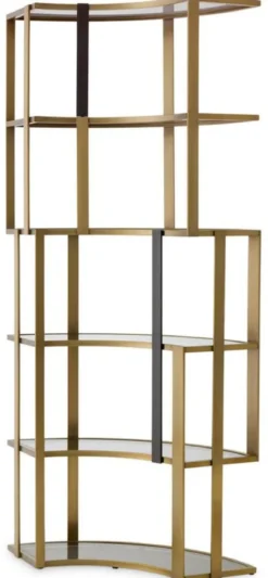 Casa Padrino Luxus Regalschrank Messing / Schwarz / Grau 115 x 37 x H. 240 cm - Gebogener Metall Schrank mit 6 Glasregalen - Wohnzimmer Möbel - Hotel Möbel - Luxus Möbel - Luxus Qualität
