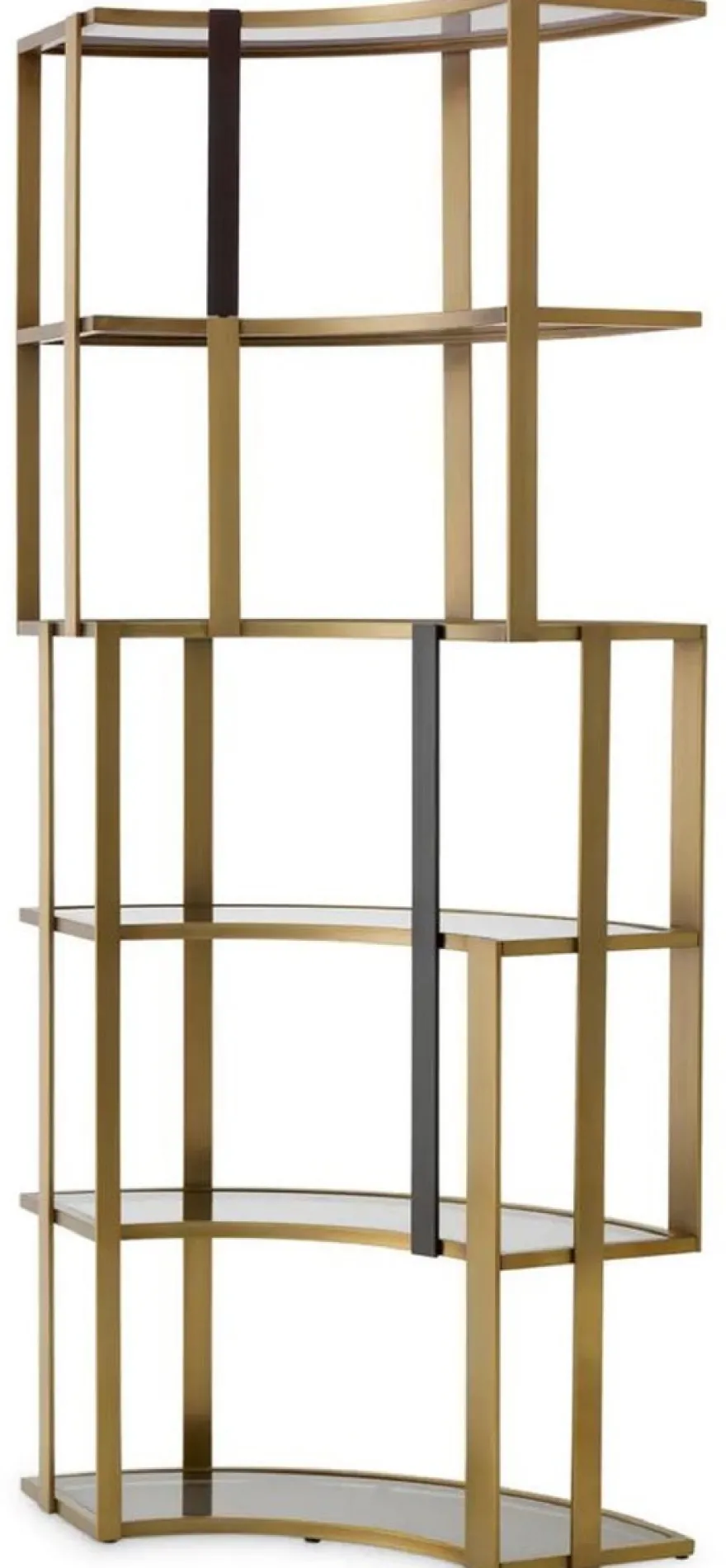 Casa Padrino Luxus Regalschrank Messing / Schwarz / Grau 115 x 37 x H. 240 cm - Gebogener Metall Schrank mit 6 Glasregalen - Wohnzimmer Möbel - Hotel Möbel - Luxus Möbel - Luxus Qualität