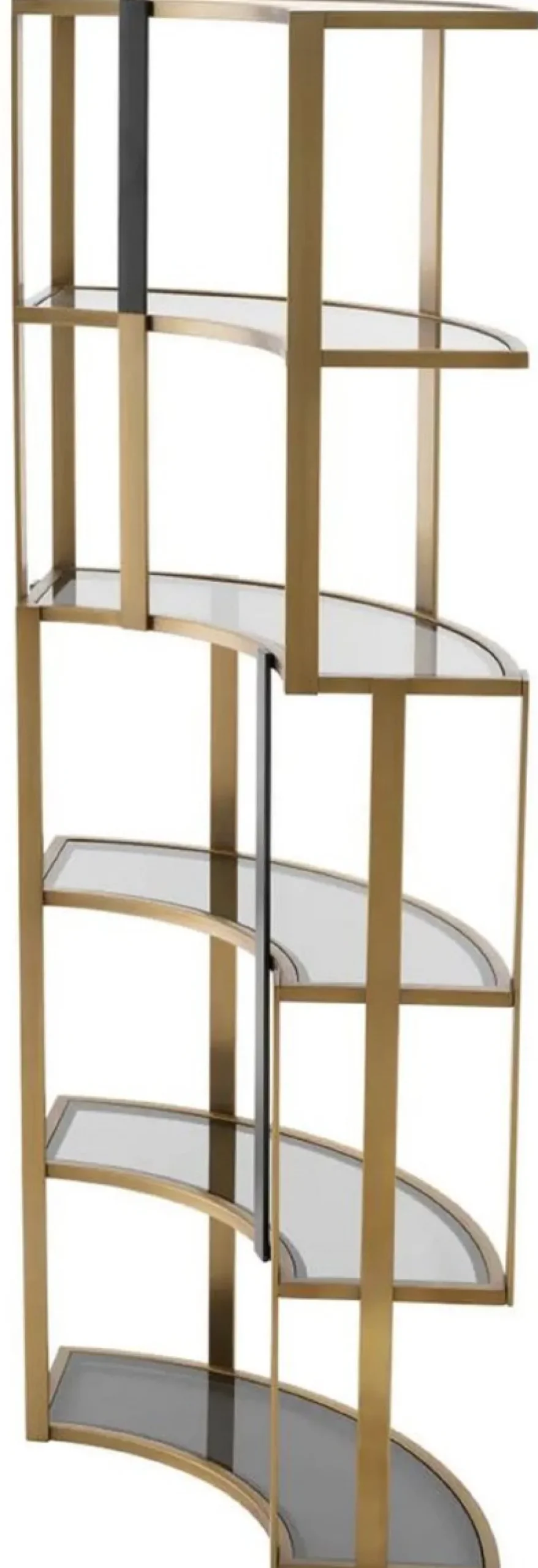 Casa Padrino Luxus Regalschrank Messing / Schwarz / Grau 115 x 37 x H. 240 cm - Gebogener Metall Schrank mit 6 Glasregalen - Wohnzimmer Möbel - Hotel Möbel - Luxus Möbel - Luxus Qualität