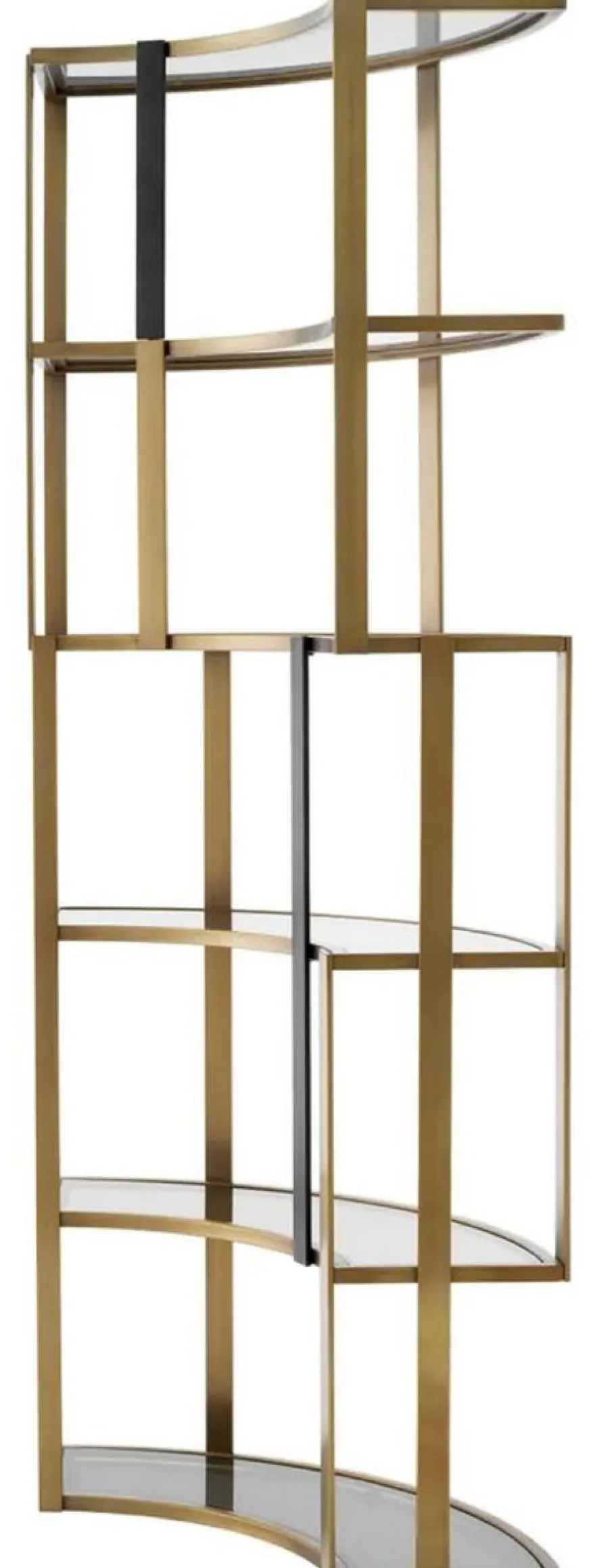 Casa Padrino Luxus Regalschrank Messing / Schwarz / Grau 115 x 37 x H. 240 cm - Gebogener Metall Schrank mit 6 Glasregalen - Wohnzimmer Möbel - Hotel Möbel - Luxus Möbel - Luxus Qualität