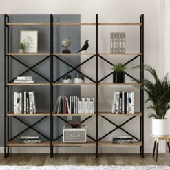 Casa Padrino Luxus Regalschrank mit Massivholz Regalen Schwarz / Naturfarben 170 x 30 x H. 175 cm - Bücherschrank - Wohnzimmer Schrank - Büro Schrank - Wohnzimmer Möbel - Büro Möbel - Luxus Möbel