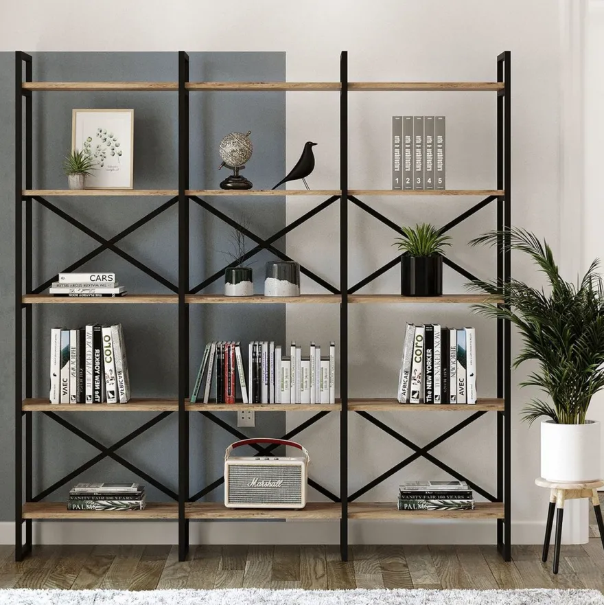 Casa Padrino Luxus Regalschrank mit Massivholz Regalen Schwarz / Naturfarben 170 x 30 x H. 175 cm - Bücherschrank - Wohnzimmer Schrank - Büro Schrank - Wohnzimmer Möbel - Büro Möbel - Luxus Möbel