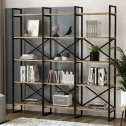 Casa Padrino Luxus Regalschrank mit Massivholz Regalen Schwarz / Naturfarben 170 x 30 x H. 175 cm - Bücherschrank - Wohnzimmer Schrank - Büro Schrank - Wohnzimmer Möbel - Büro Möbel - Luxus Möbel